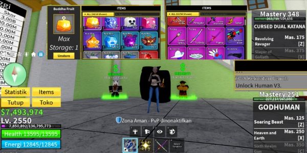 AKUN LEVEL 2550 | BELLY 7 JUTA | V3 HUMAN | PUNYA CURSED DUAL KATANA DAN GODHUMAN | BONUS FRUIT BUDDHA DI INVENTORY