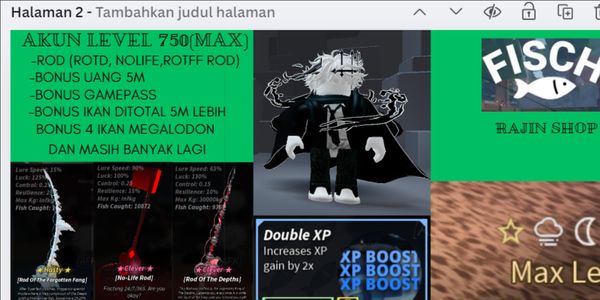 AKUN LEVEL 750 (ROD BANYAK,GAMEPASS,BER-AVA,)BONUS IKAN DAN UANG