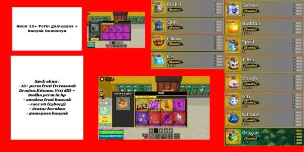 Akun Blox Fruit 12+ perm (Dragon, Kitsune, Yeti dll) Gamepass banyak, Ava beRBX + Banyak bonus - Blox Fruit