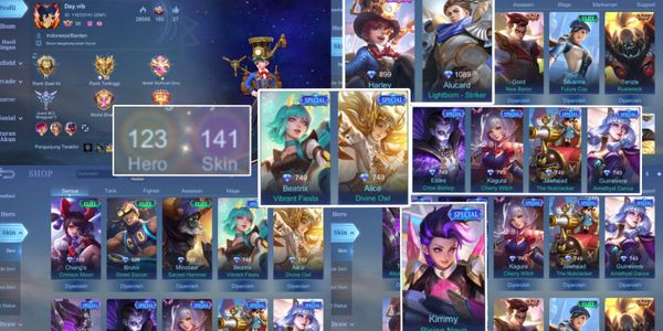 AKUN ML SULTAN, EPIC HARLEY, LIGHTBORN ALUCARD, SPECIAL KIMMY, ALICE, GUINEVERE, BEATRIX, HERO MAX, EMBLEM MAX, NO MINUS