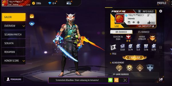 Cheap free fire account old s8, 5 years