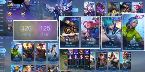 AKUN ML SULTAN, EPIC RAFAELA, STARLIGHT BENEDETTA, SPECIAL LING, GUINEVERE, DIGGIE, HANZO, MARTIS, EMBLEM MAX SEMUA