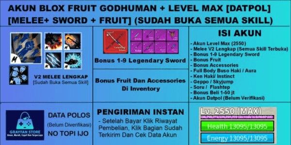 Blox Fruit Account [GODHUMAN] + [MYTHICAL SWORD] [MAX Level] [Datpol] [Not Verified]