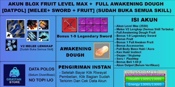 Blox Fruit Account [LEVEL MAX] + [DOUGH FULL AWAKEN] [Datpol] [Not Verified]