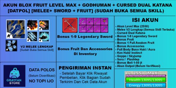 Blox Fruit Account [GODHUMAN] + [CURSED DUAL KATANA] [MAX Level] [Datpol] [Not Verified]