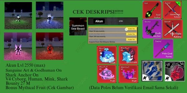 Blox Fruit Sanguine Art Account + Shark Anchor + Bounty 27M + V4 Shark, Human, Mink, Cyborg + CDK & Godhuman + Max Level