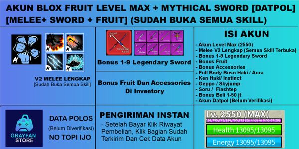 Blox Fruit Account [MYTHICAL SWORD] [MAX Level] [Datpol] [Not Verified]