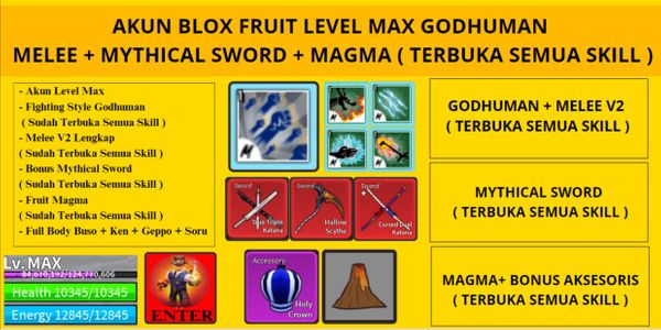 Buy Account Blox Fruit Account MAGMA+GODHUMAN+MYTHICAL SWORD Level MAX ...