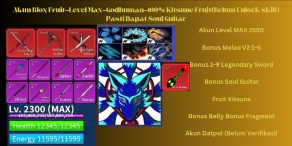 Blox Fruit Kitsune SOUL GUITAR Level Max Datpol Account