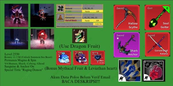 Blox Account Fruit Sanguine Art + Shark Anchor - V4 Shark, Human, Cyborg, Ghoul - Permanent Fruit - CDK + GodHuman - Max Level - Plain Data