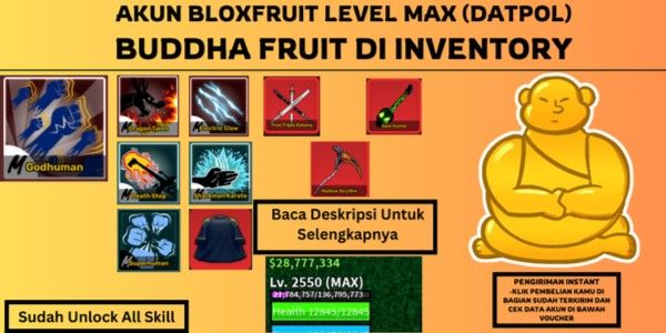 Blox Fruit Account Level Max [GODHUMAN + INVENTORY BUDDHA ] (Plain Data) (Unlock all skills)