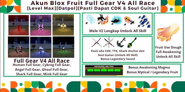Blox Fruit Account Level Max Datpol + Full Gear All Race + God Human + CDK + Soul Guitar + TTK + Shark Anchor