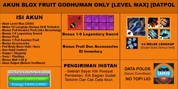 Blox Fruit GODHUMAN Account [MAX Level] [Datpol] [Not Verified]