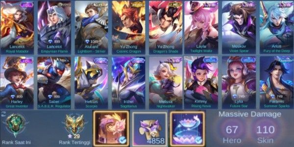 MLBB Account | Skins 110 | Limit Lancelot, Prime+M5, Lightborn, Zodiac etc