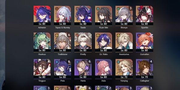 Asia (Akun HSR) Lv 70 Acheron (Sign) + Firefly +Ruan Mei + Sparkle + Aventurine + Selee (Sign) + Topaz (Sign)+ Bronya E3+ Huohuo + Dr ratio dll