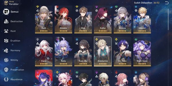 Asia Akun HSR (Lv 69) Acheron (sign), Ruan Mei (Sign), Black Swan (Sign), Aventurine, Dr. ratio (Sign), Bronya, Kafka (sign),  Bailu, Gepard, Himeko
