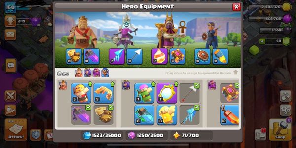 TH 14 HERO BERSKIN&SKILL ~PERTAHANAN SANGAT BAGUS DAN PASUKAN BAGUS~HERO LEVEL BK 42 AQ 65 GW 42 RC 9~PERGANTIAN NAMA menggunakan 1000 gems