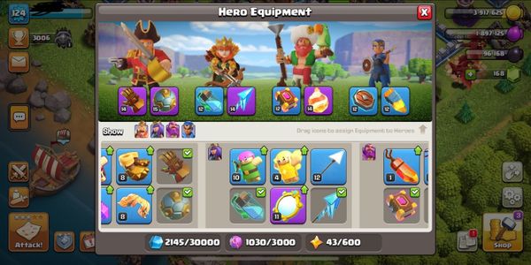TH 13 b4 HERO BERSKIN&SKILL ~PERTAHANAN SANGAT BAGUS DAN PASUKAN BAGUS~HERO LEVEL BK 56 AQ 62 GW 31 RC 8 PERGANTIAN NAMA menggunakan 500 gems