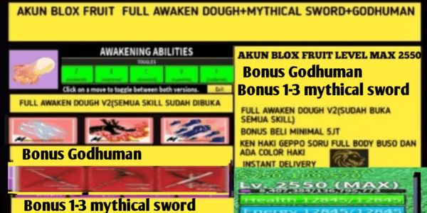 Blox Fruit Account FULL AWAKEN DOUGH V2+GODHUMAN+MYTHICAL SWORD (DATPOL) (MAX LEVEL)