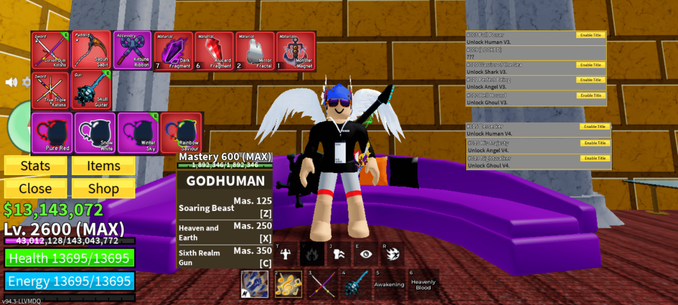 #A43 Akun LVL Max Bounty 6M. Unlock all FS - Sanguine, Godhuman Max Mastery. V4 Awakening Angel, Human, Ghoul. 100% CDK, HS, TTK, SG, Kitsu Reborn