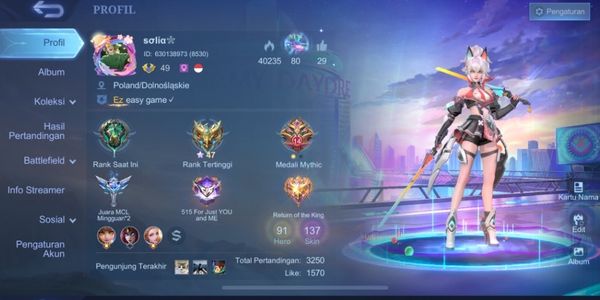 Mobile Legends account, many skins, there is a Fanny Valentine skin with recall effect emot. More details with wild images.