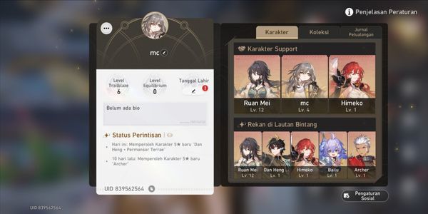 Archer, Ruan Mei, Dan Heng - Permansor Terrae, Himeko, Bailu | Username unset | TL 6 | log E-mail | take segmail