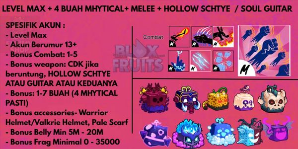 MAX LEVEL ACCOUNT + 4 MYTHICAL ITEMS + MELEE + SOUL GUITAR / HOLLOW SCYTHE
