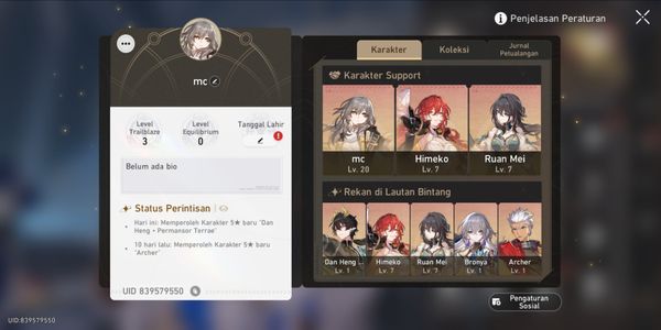 Archer, Ruan Mei, Dan Heng - Permansor Terrae, Himeko, Bailu | Username unset | TL 3 | log E-mail | take segmail