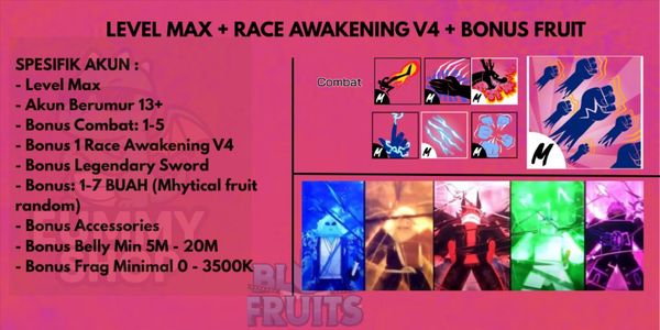 MAX LEVEL ACCOUNT + BONUS 1 RACE AWAKENING V4 + BONUS FRUIT + MELEE