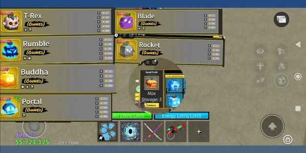 5 perm T-rex,Rumble,Portal,Buddha,Blade | Game pass 3 with fruit notifer | 6 Fruit Storage