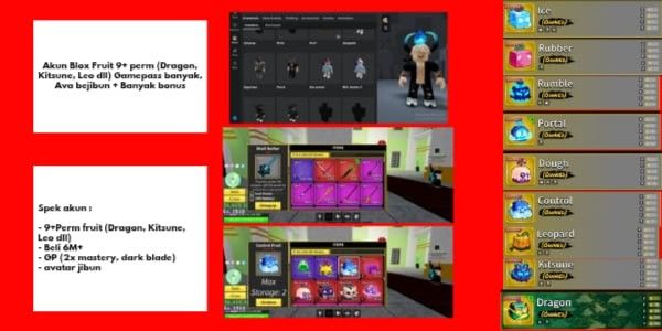 Akun Blox Fruit 9+ perm (Dragon, Kitsune, Leo dll) Gamepass banyak, Ava bejibun + Banyak bonus