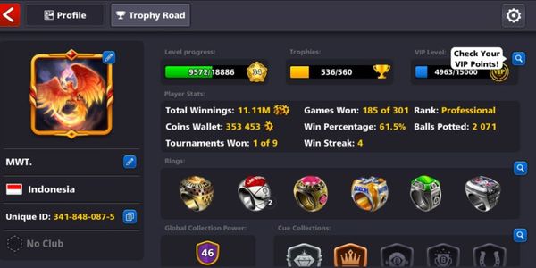 Akun Cue Max + 12 Legendary Cue + 120 Cash + 350K Coins