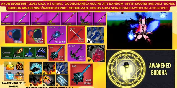 Bloxfruit account max level, V4 Ghoul-Godhuman/Sanguine Art random-myth sword random-fruit awk random-Godhuman-mythical accessories