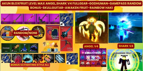 Bloxfruit account max level Angel, Shark V4 full gear - Godhuman - Gamepass random bonus - Skullguitar - Awaken fruit - Rainbow Haki