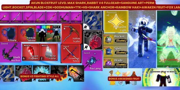 AKUN BLOXFRUIT LEVEL MAX SHARK, RABBIT V4 FULLGEAR + SANGUINE + PERM LIGHT, ROCKET, SPIN, BLADE + CDK + GH + TTK + HS + AWK FRUIT + ACCESSORIES BONUS