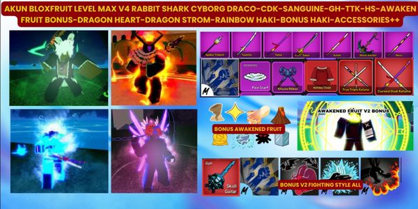 AKUN BLOXFRUIT LEVEL MAX V4 RABBIT SHARK CYBORG DRACO-CDK-SANGUINE-GH-TTK-HS-AWK FRUIT BONUS-DH,DS-RAINBOW HAKI-AURA HAKI-ACCESSORIES++
