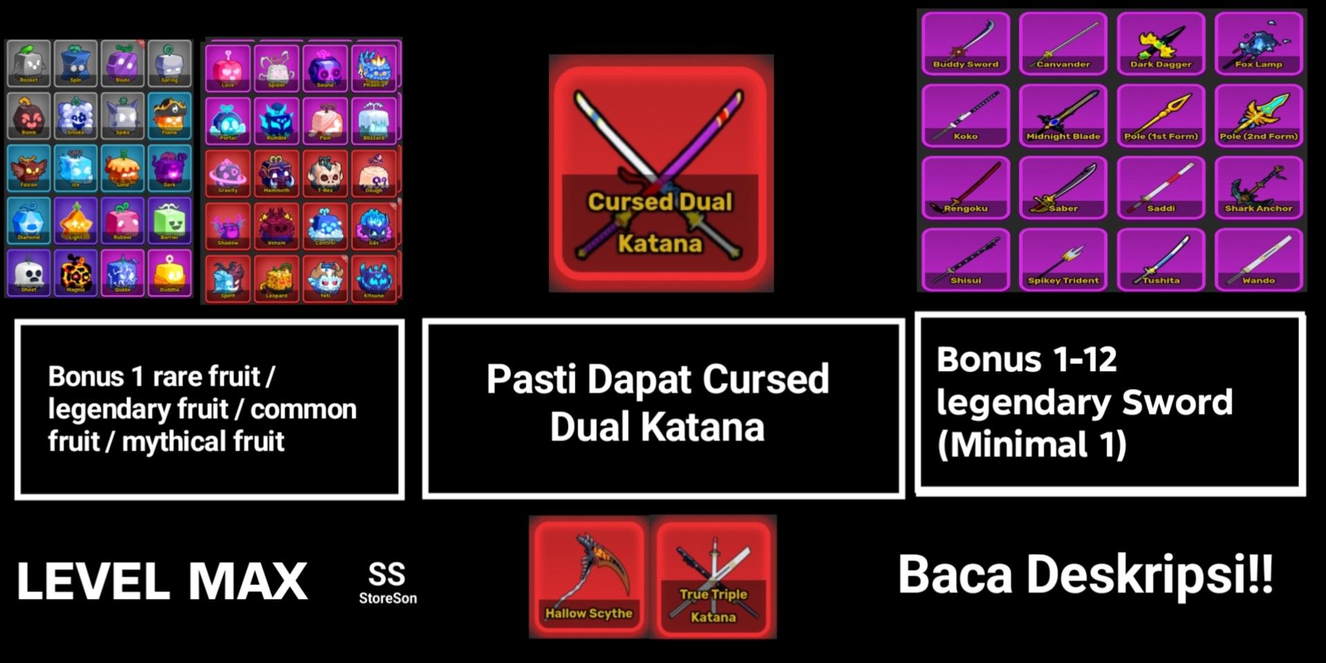 MAX LEVEL ACCOUNT CURSED DUAL KATANA + BONUS FRUIT + BONUS LEGENDARY SWORD IN INVENTORY - BLOX FRUIT