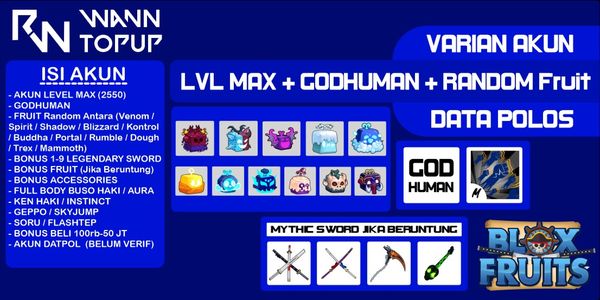 Akun Blox Fruit LEVEL MAX [GODHUMAN + Random 1 Fruit] [Data polos] [Belum Verifikasi]