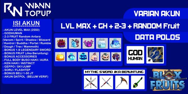 Akun Blox Fruit LEVEL MAX [GODHUMAN + Random 2-3 Fruit] [Data polos] [Belum Verifikasi]