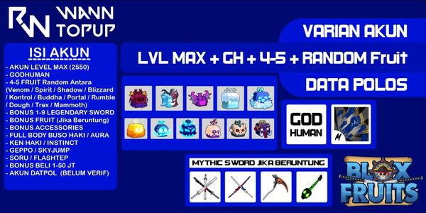 Akun Blox Fruit LEVEL MAX [GODHUMAN + Random 4-5 Fruit] [Data polos] [Belum Verifikasi]