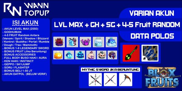 Akun Blox Fruit LEVEL MAX [GODHUMAN + SOUL GUITAR + Random 4-5 Fruit] [Data polos] [Belum Verifikasi]