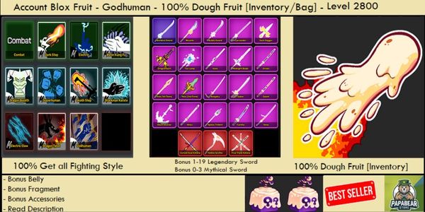 100% Dough Fruit [Inventory] - Godhuman - Level MAX - Blox Fruit Account