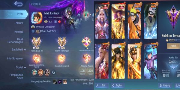 Cheap ML Sultan account with 2 legend skins: Lunox, Lesley, Lancelot Kishin, Naruto Lukas, Kakashi Hayabusa, Granger Collector, etc.