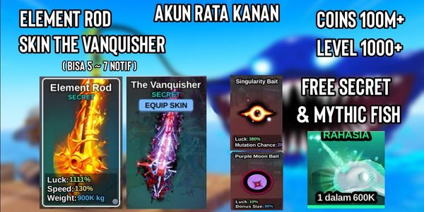 Account Element Rod + Skin The Vanquisher | Singularity + Purplemoon | Coins 100 M + Bonus Secret & Mythic Fish | RIGHT MOUSE BUTTON