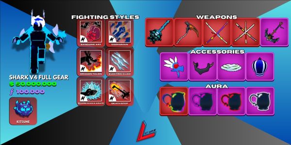 Shark V4 Tier 10 (Full Gear) | Sanguine Art | Kitsune | Lv. MAX | 3 Mythical Sword | Shark Anchor | Skull Guitar | 50M+ Beli | 100K+ Fragments
