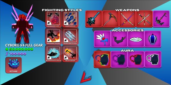 Cyborg V4 Tier 10 (Full Gear) | Sanguine Art | Kitsune | Lv. MAX | 3 Mythical Sword | Shark Anchor | Skull Guitar | 50M+ Beli | 100K+ Fragments