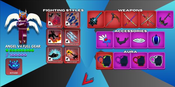Angel V4 Tier 10 (Full Gear) | Sanguine Art | Kitsune | Lv. MAX | 3 Mythical Sword | Shark Anchor | Skull Guitar | 50M+ Beli | 100K+ Fragments