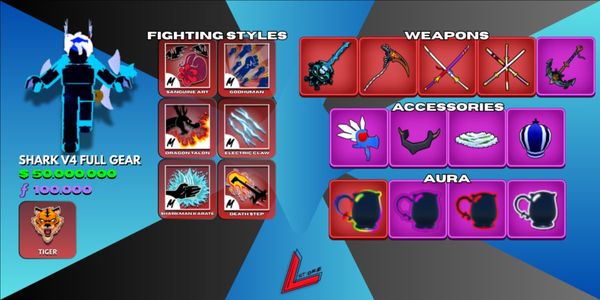 Shark V4 Tier 10 (Full Gear) | Sanguine Art | Tiger | Lv. MAX | 3 Mythical Sword | Shark Anchor | Skull Guitar | 50M+ Beli | 100K+ Fragments
