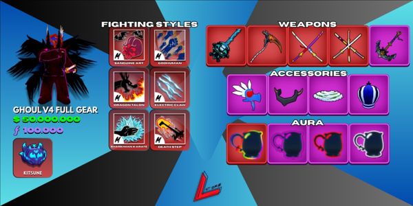 Ghoul V4 Tier 10 (Full Gear) | Sanguine Art | Kitsune | Lv. MAX | 3 Mythical Sword | Shark Anchor | Skull Guitar | 50M+ Beli | 100K+ Fragments