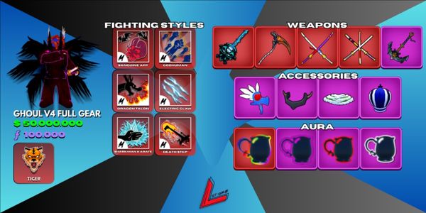 Ghoul V4 Tier 10 (Full Gear) | Sanguine Art | Tiger | Lv. MAX | 3 Mythical Sword | Shark Anchor | Skull Guitar | 50M+ Beli | 100K+ Fragments
